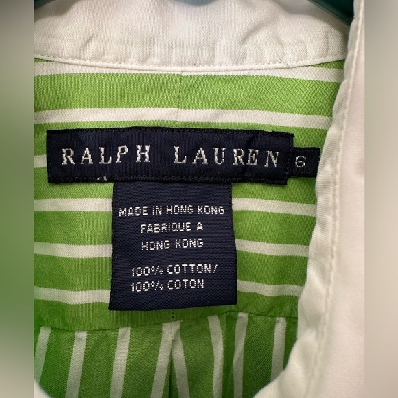 VTG Ralph Lauren Women’s Button Down Lime Green White Stripe Size 6 Pink Logo - Picture 3 of 9